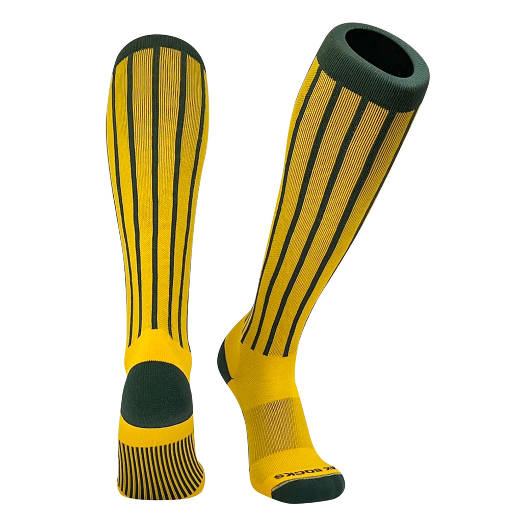 Knee high socks in a pinstripe pattern used in baseball and softball.