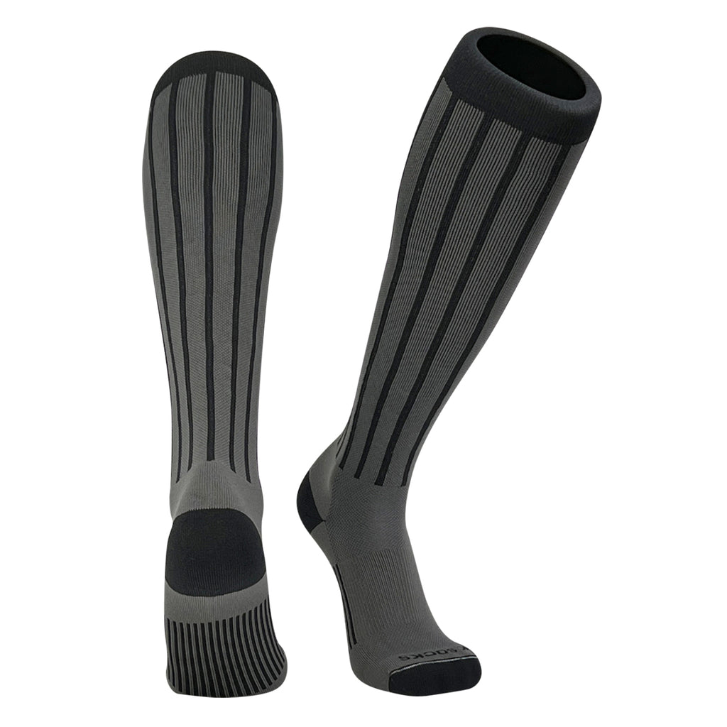 Knee high socks in a pinstripe pattern used in baseball and softball.