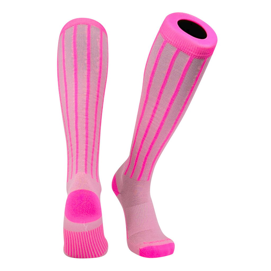 Knee high socks in a pinstripe pattern used in baseball and softball.