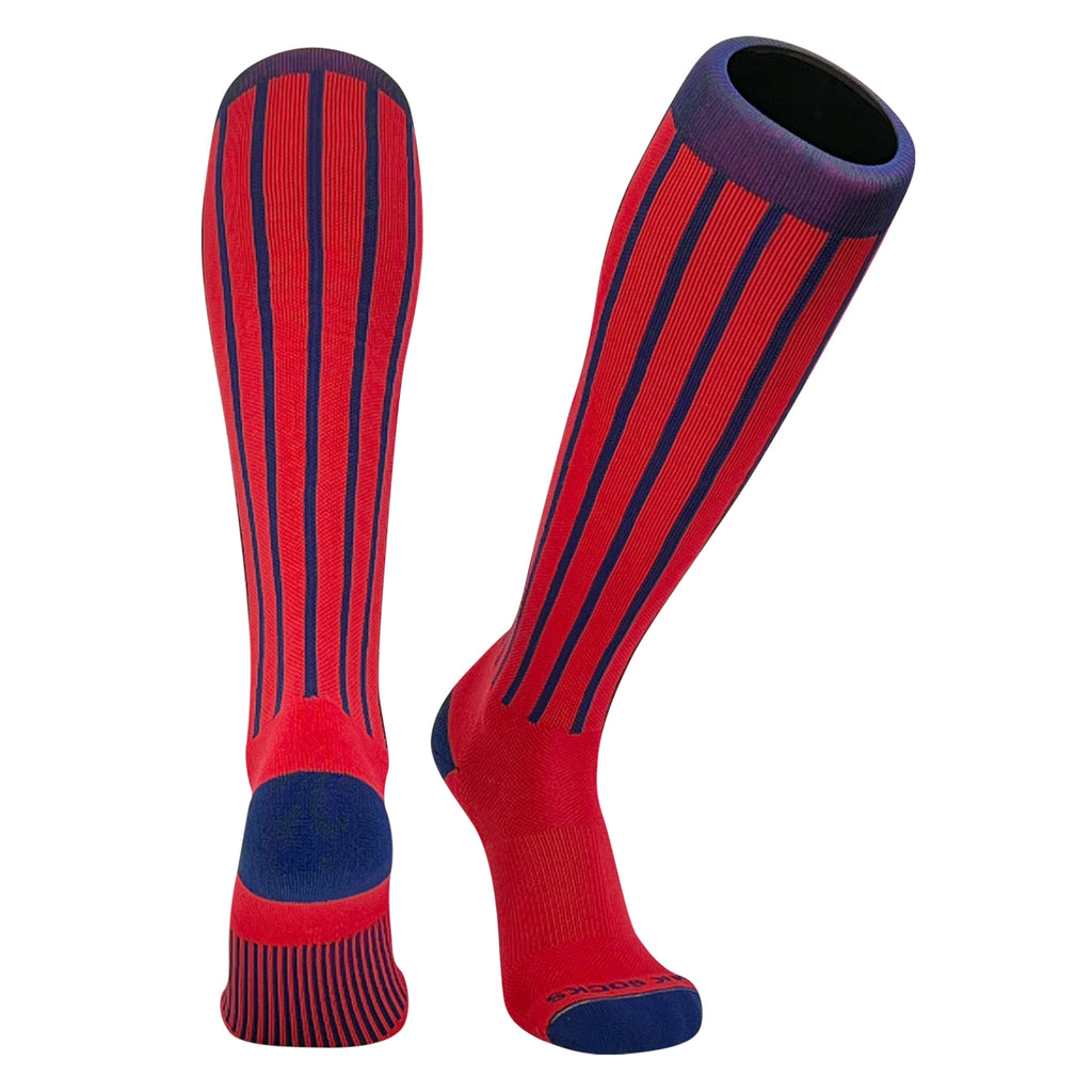 Knee high socks in a pinstripe pattern used in baseball and softball.