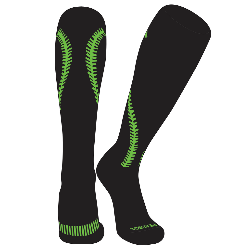 Knee high socks designed with a softball stitch going up the back of the leg.