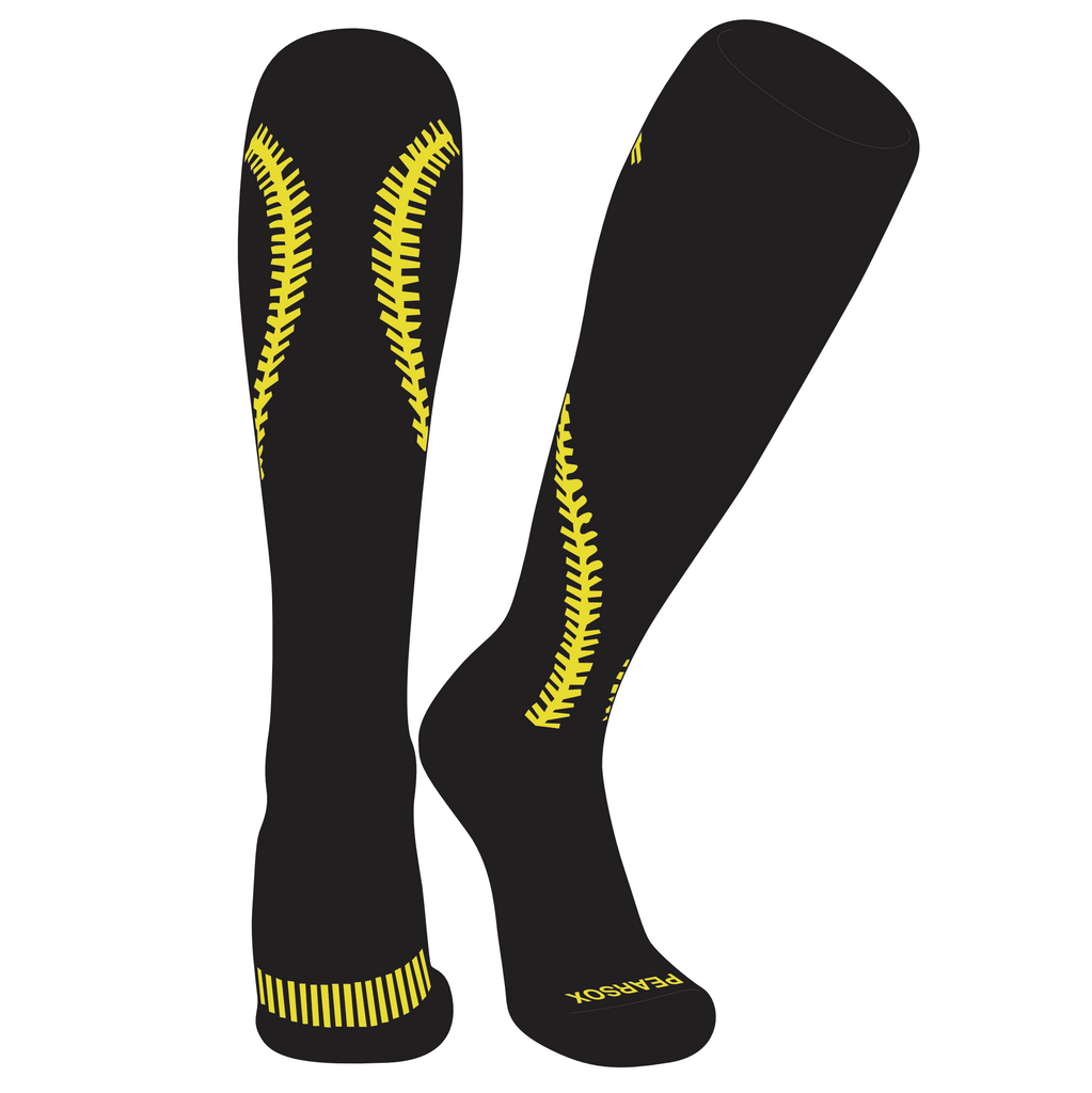 Knee high sports socks with a softball stitch design up the back of the leg.