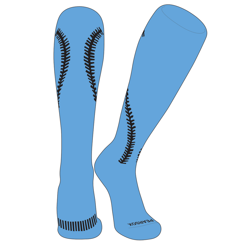 Knee high softball socks with softball stitch that goes up the back of the leg.