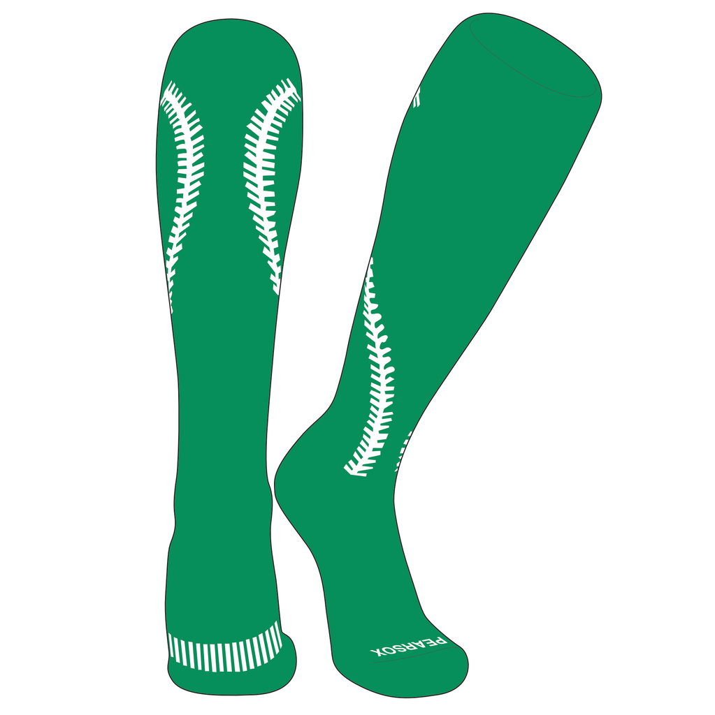 Knee high socks with a softball stitch design up the back of the leg.