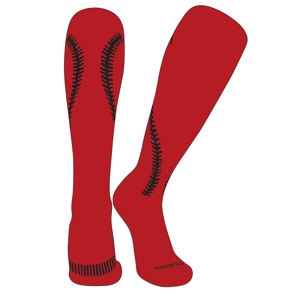 A pair of red knee-high softball socks with black stitching and a visible brand logo.