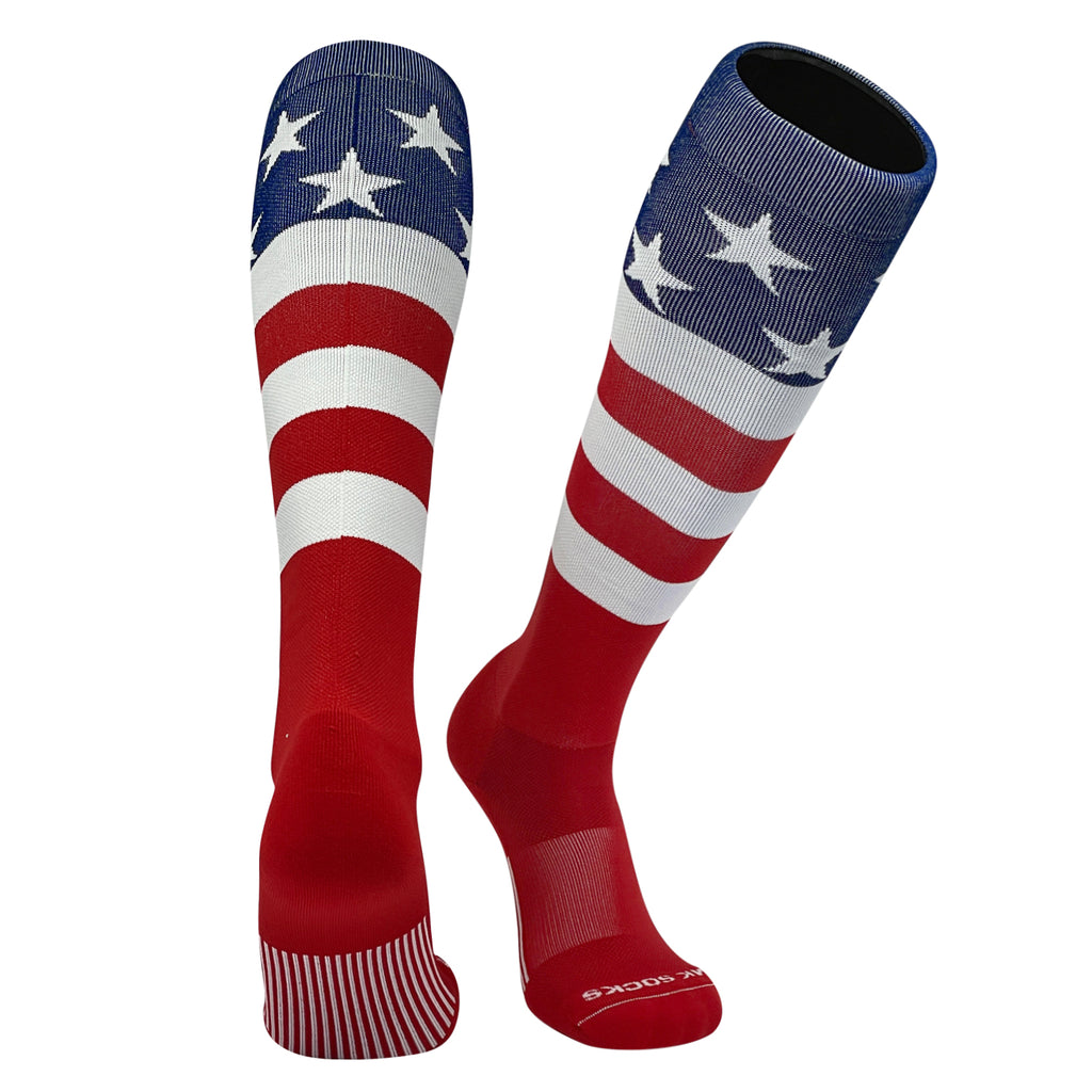 A pair of knee-high sports socks featuring the USA flag design with red, white, and blue colors and stars and stripes pattern.