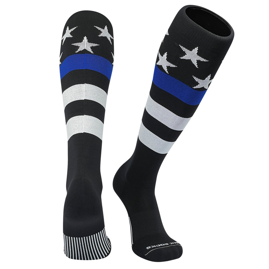 A pair of knee-high sports socks featuring a USA flag with stars and stripes and a blue line design on a black background.