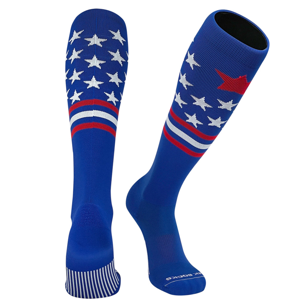 A pair of knee-high sports socks with a USA flag design in blue, white, and red.