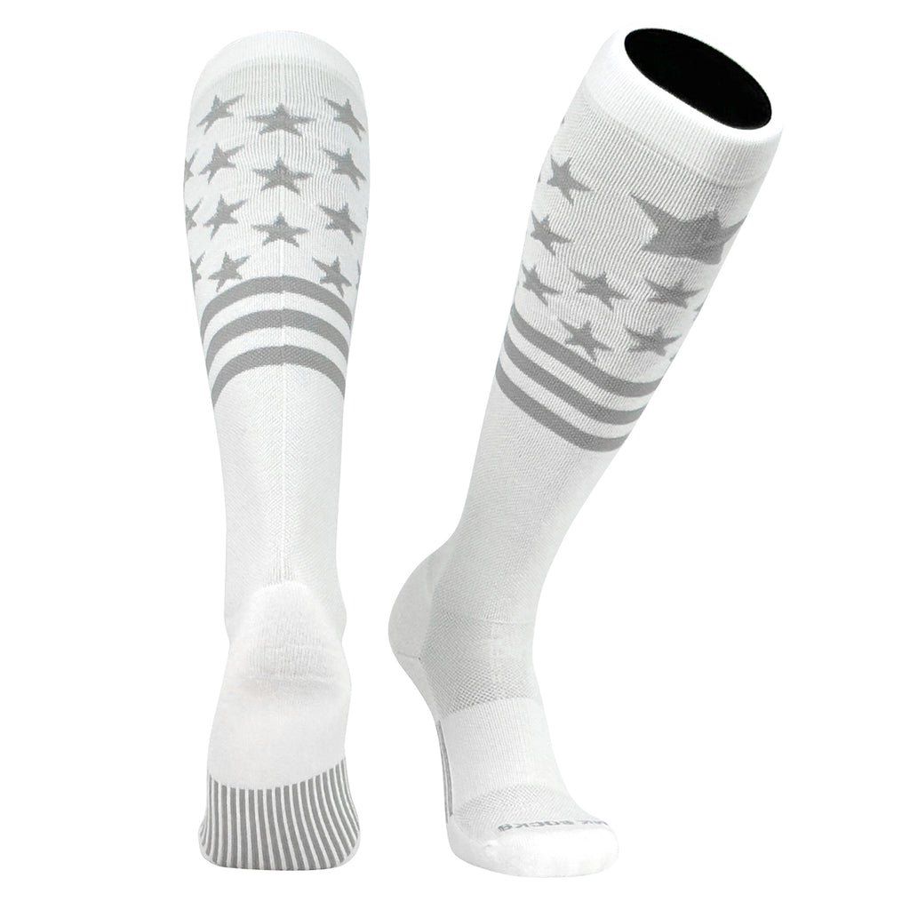 Knee high sports socks with silver stars and stripes.