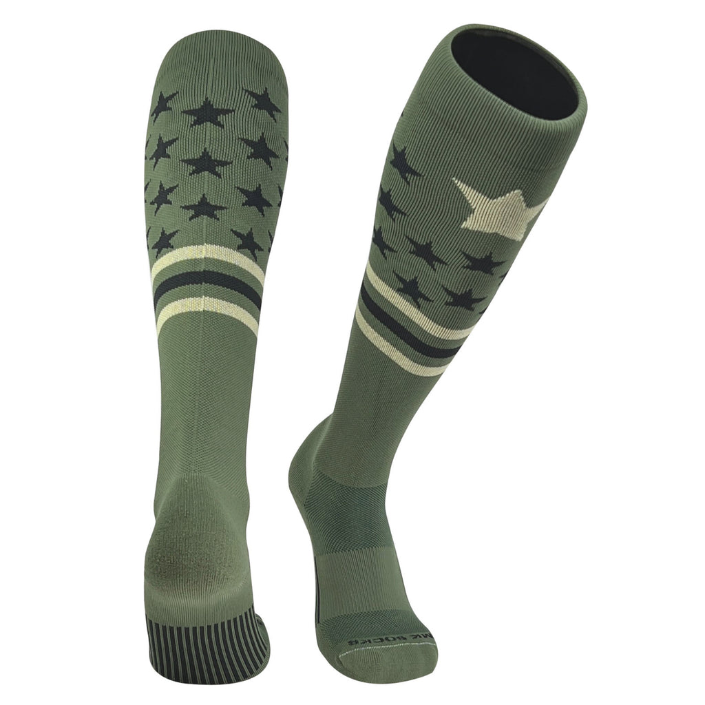 A pair of knee-high sports socks in military green with a pattern of stars and stripes.