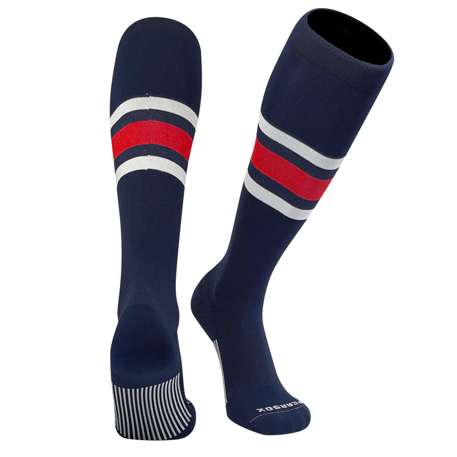 Pear Sox Striped Knee High Baseball, Football Socks (B) Navy Blue, White, Scarlet Red