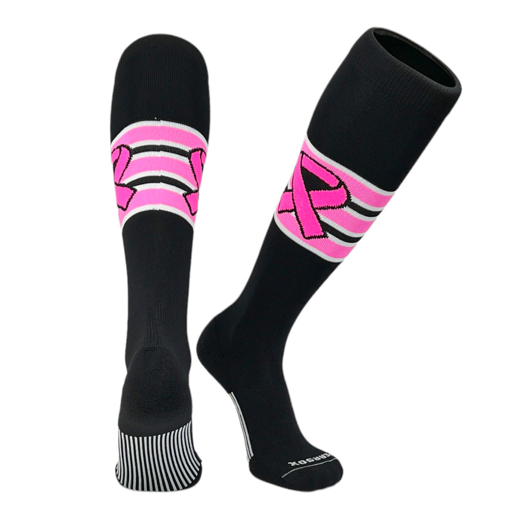 A pair of black long sport socks with pink awareness ribbon stripes, designed to go to the knee.